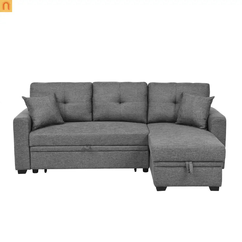 Sofa Sectional Polyester Gray Pull-Out Sleeper 76in Chaise Storage