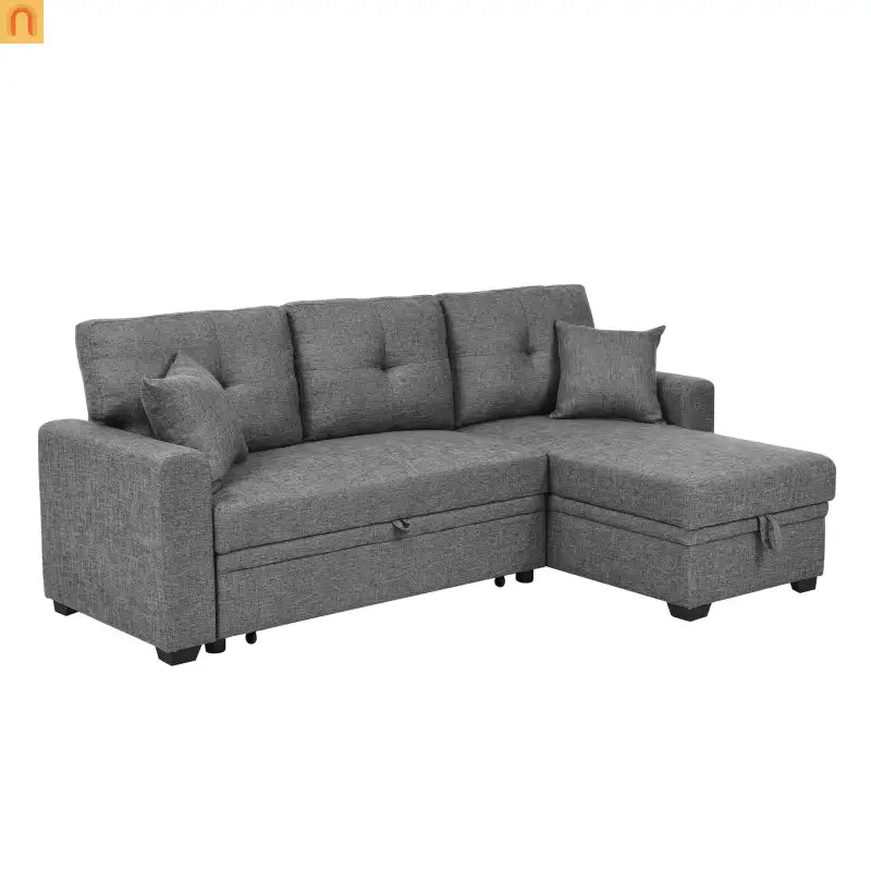 Sofa Sectional Polyester Gray Pull-Out Sleeper 76in Chaise Storage