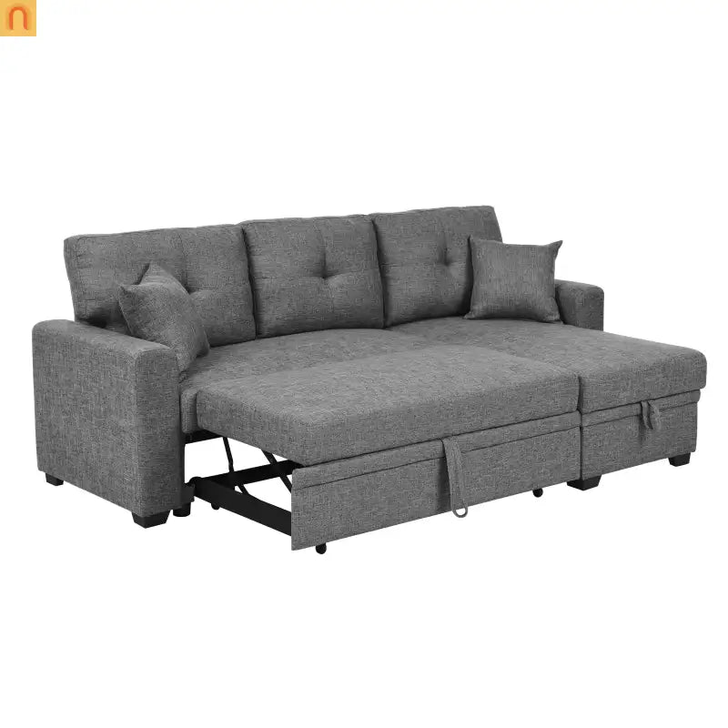 Sofa Sectional Polyester Gray Pull-Out Sleeper 76in Chaise Storage