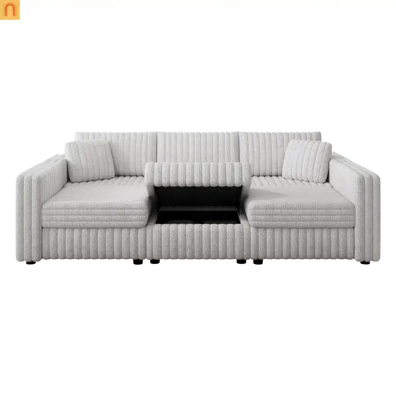 Sofa Modular Microfiber Light Gray 6-Seat Hydraulic Ottoman