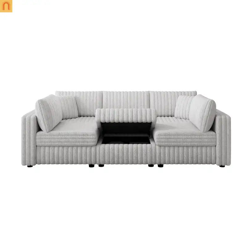 Sofa Modular Microfiber Light Gray 6-Seat Hydraulic Ottoman