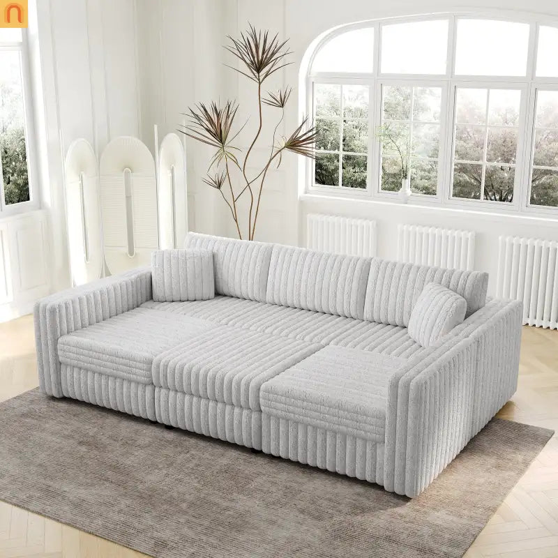 Sofa Modular Microfiber Light Gray 6-Seat Hydraulic Ottoman