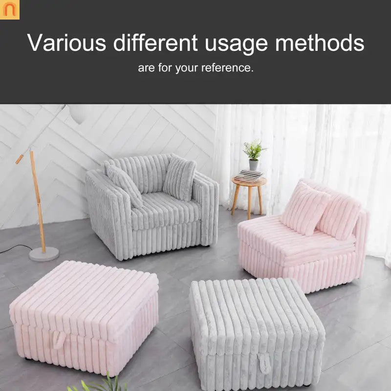 Sofa Modular Microfiber Light Gray 6-Seat Hydraulic Ottoman