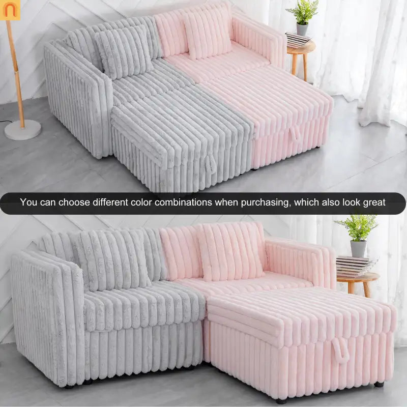 Sofa Modular Microfiber Light Gray 6-Seat Hydraulic Ottoman