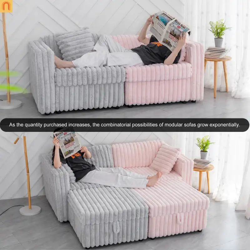 Sofa Modular Microfiber Light Gray 6-Seat Hydraulic Ottoman