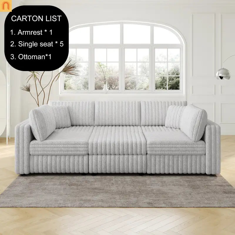 Sofa Modular Microfiber Light Gray 6-Seat Hydraulic Ottoman