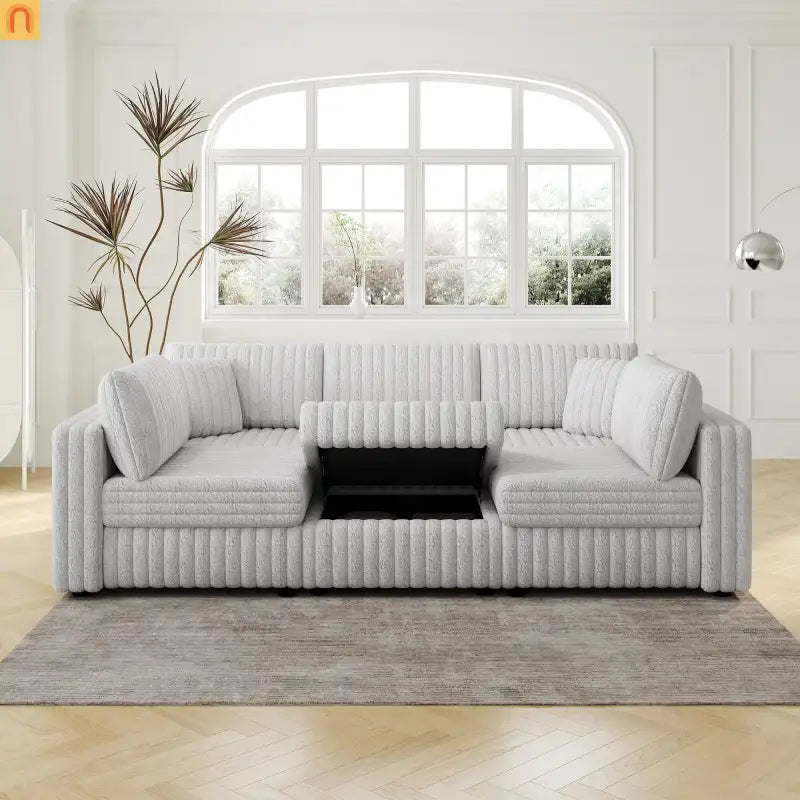 Sofa Modular Microfiber Light Gray 6-Seat Hydraulic Ottoman