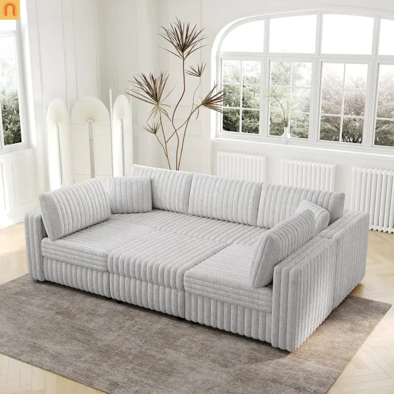 Sofa Modular Microfiber Light Gray 6-Seat Hydraulic Ottoman