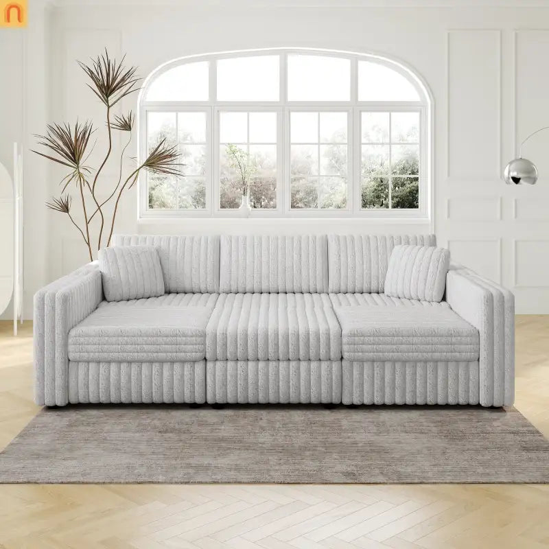 Sofa Modular Microfiber Light Gray 6-Seat Hydraulic Ottoman