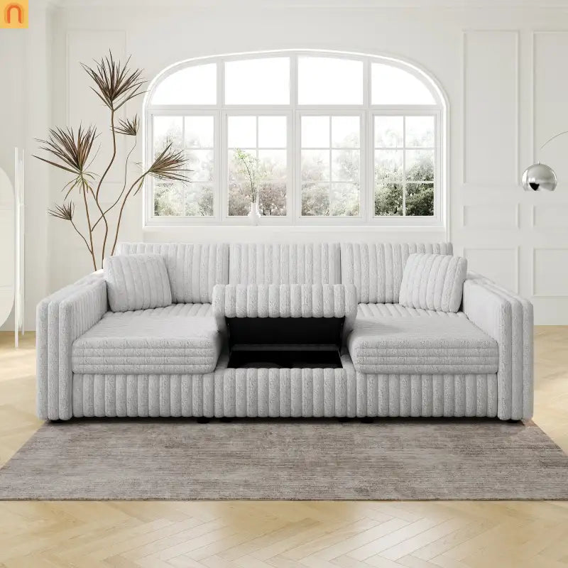 Sofa Modular Microfiber Light Gray 6-Seat Hydraulic Ottoman