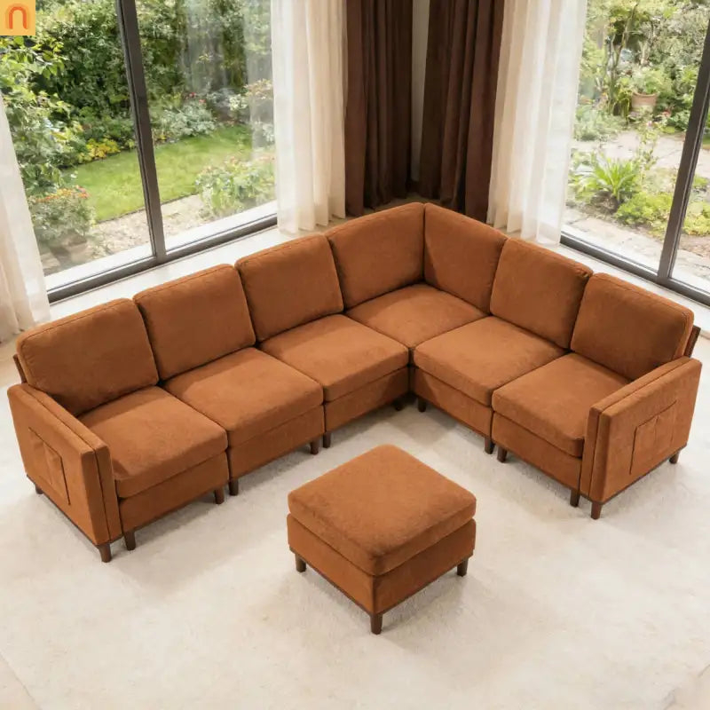 Sofa Modular Fabric Orange Deep Seat 6-Seat 110in