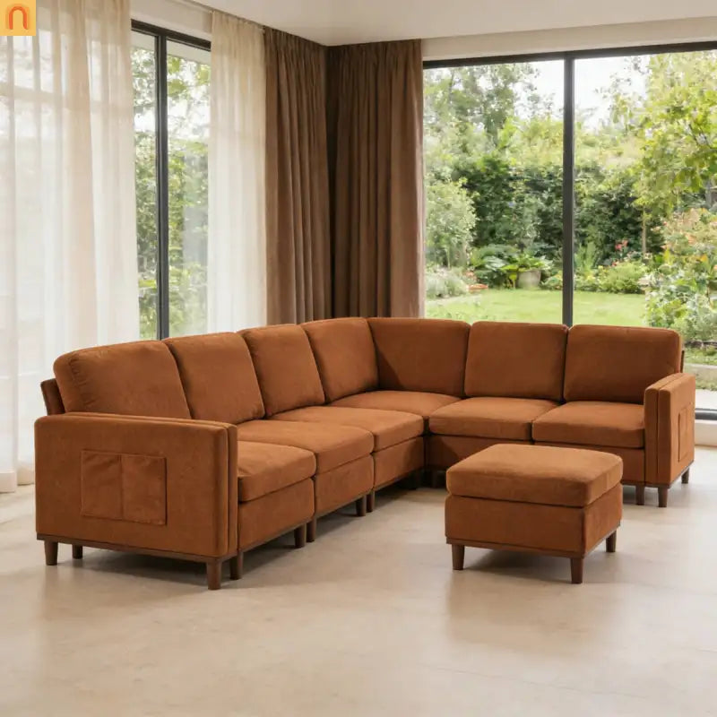 Sofa Modular Fabric Orange Deep Seat 6-Seat 110in