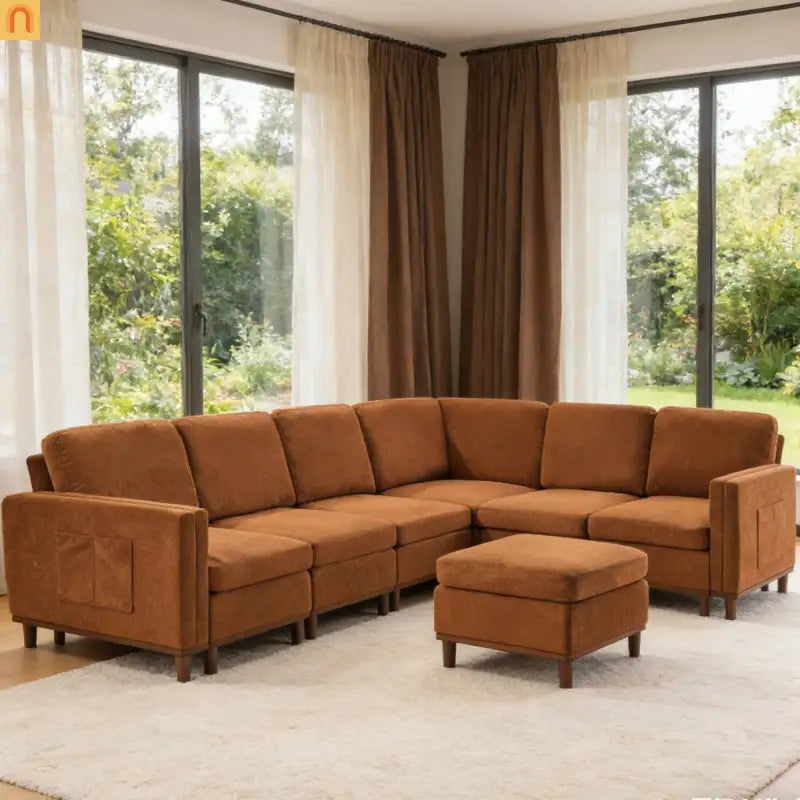 Sofa Modular Fabric Orange Deep Seat 6-Seat 110in