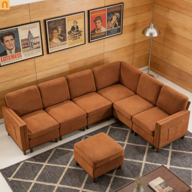 Sofa Modular Fabric Orange Deep Seat 6-Seat 110in