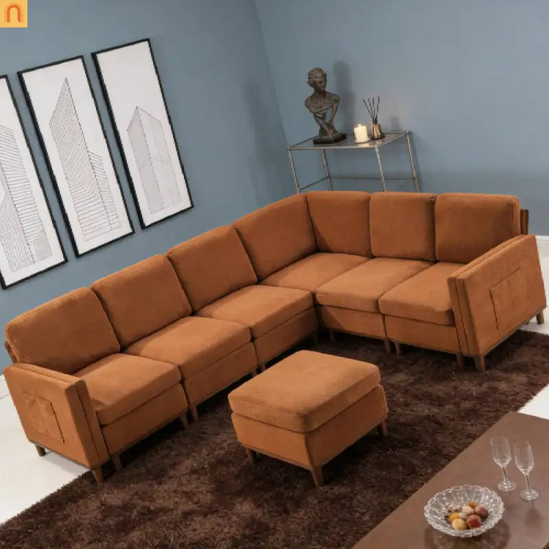 Sofa Modular Fabric Orange Deep Seat 6-Seat 110in