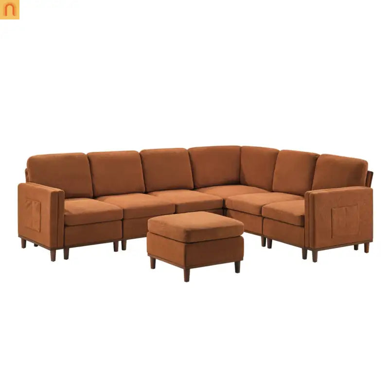 Sofa Modular Fabric Orange Deep Seat 6-Seat 110in