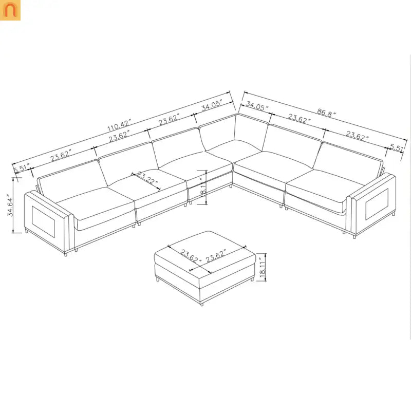 Sofa Modular Fabric Orange Deep Seat 6-Seat 110in