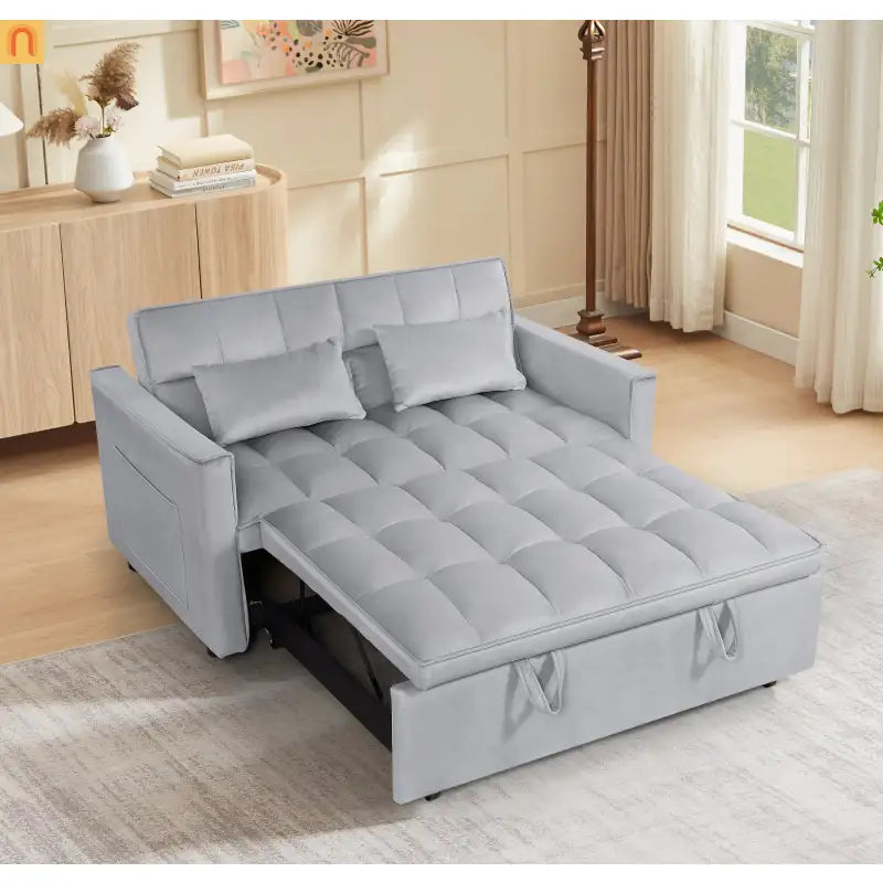 Loveseat Velvet Light Gray Sleeper 2-Seat 54in Adjustable Back