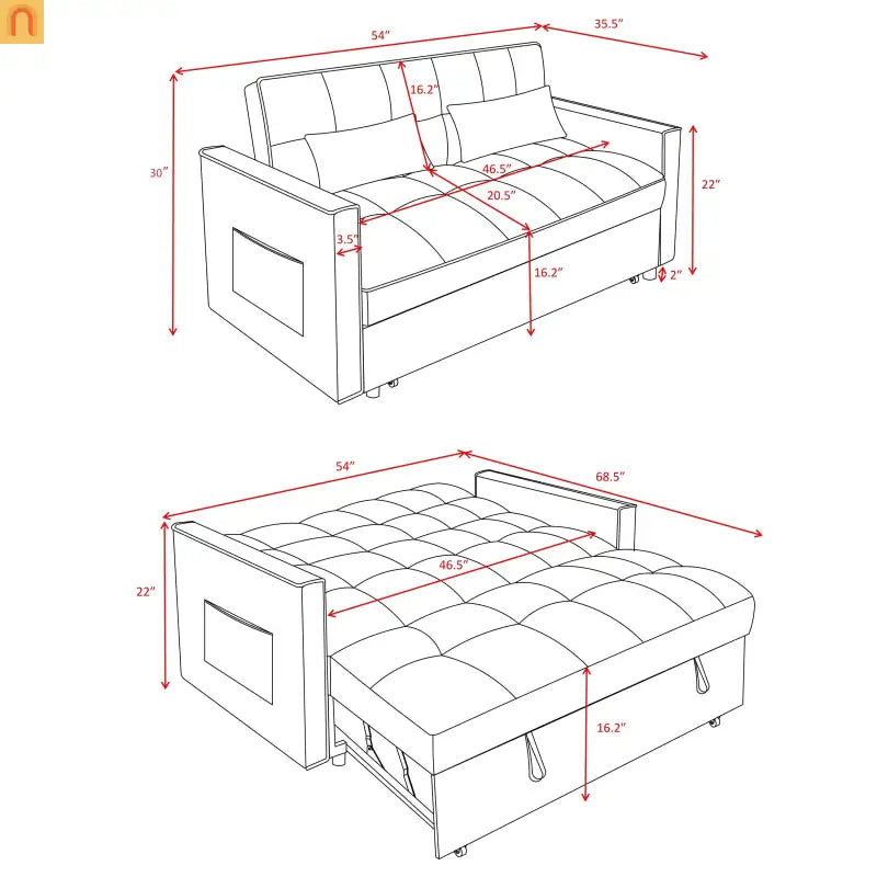 Loveseat Velvet Light Gray Sleeper 2-Seat 54in Adjustable Back