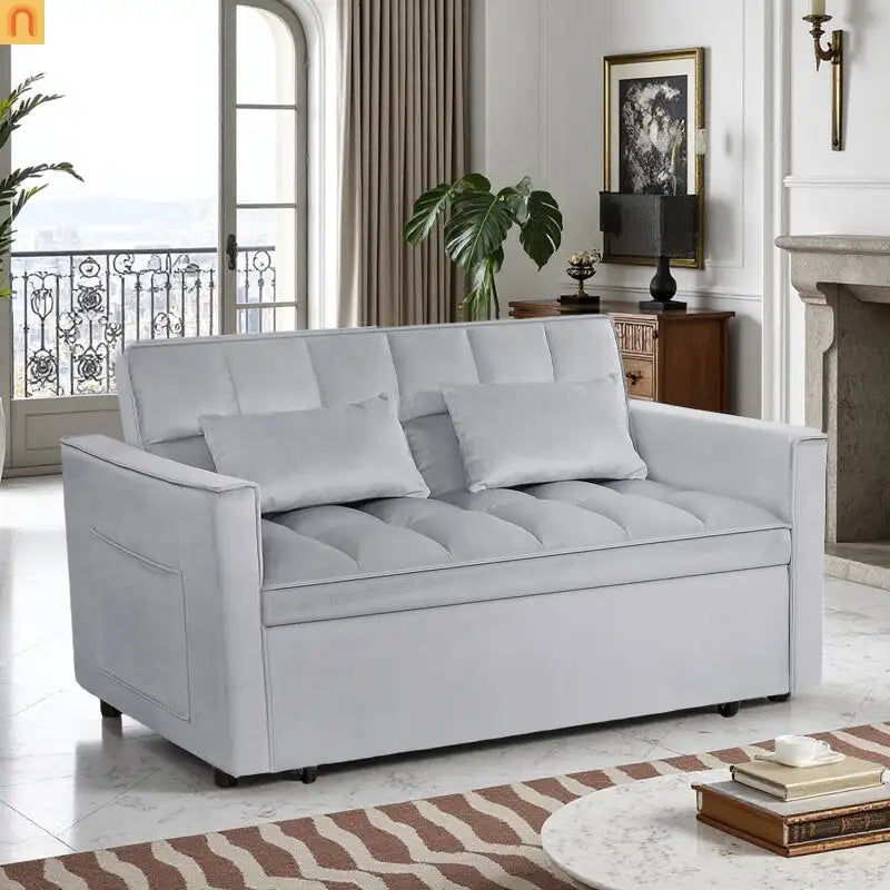 Loveseat Velvet Light Gray Sleeper 2-Seat 54in Adjustable Back