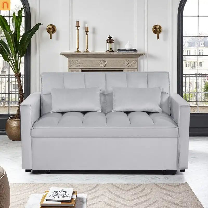 Loveseat Velvet Light Gray Sleeper 2-Seat 54in Adjustable Back