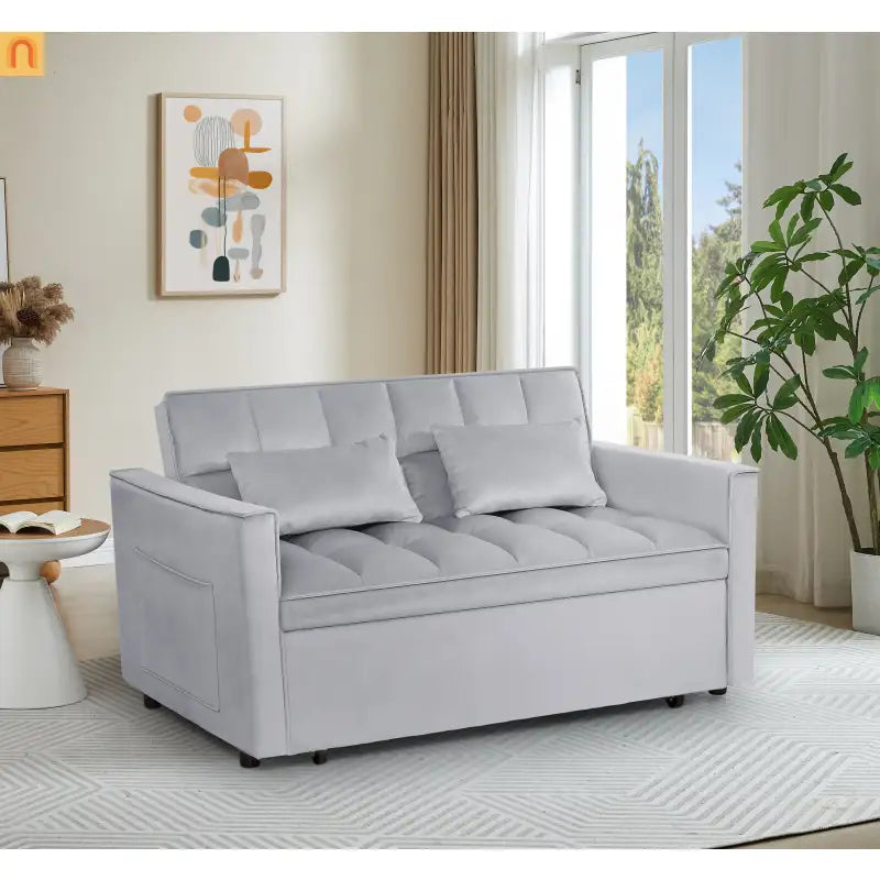 Loveseat Velvet Light Gray Sleeper 2-Seat 54in Adjustable Back
