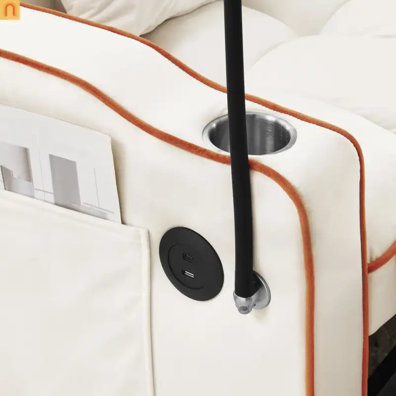 Sofa Chair Convertible Velvet Beige Pull-Out Bed USB Cup Holder