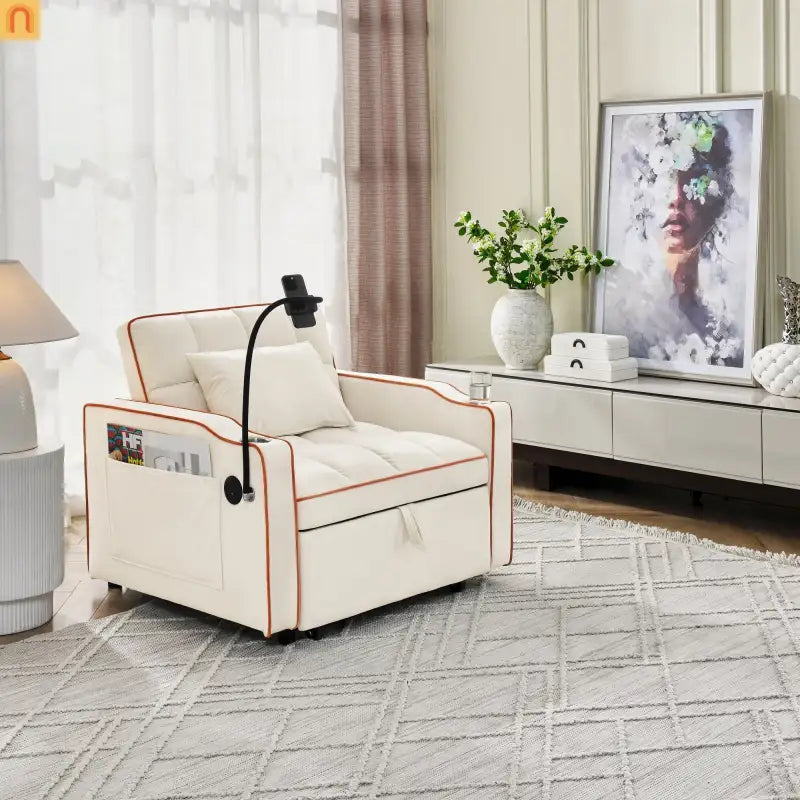 Sofa Chair Convertible Velvet Beige Pull-Out Bed USB Cup Holder