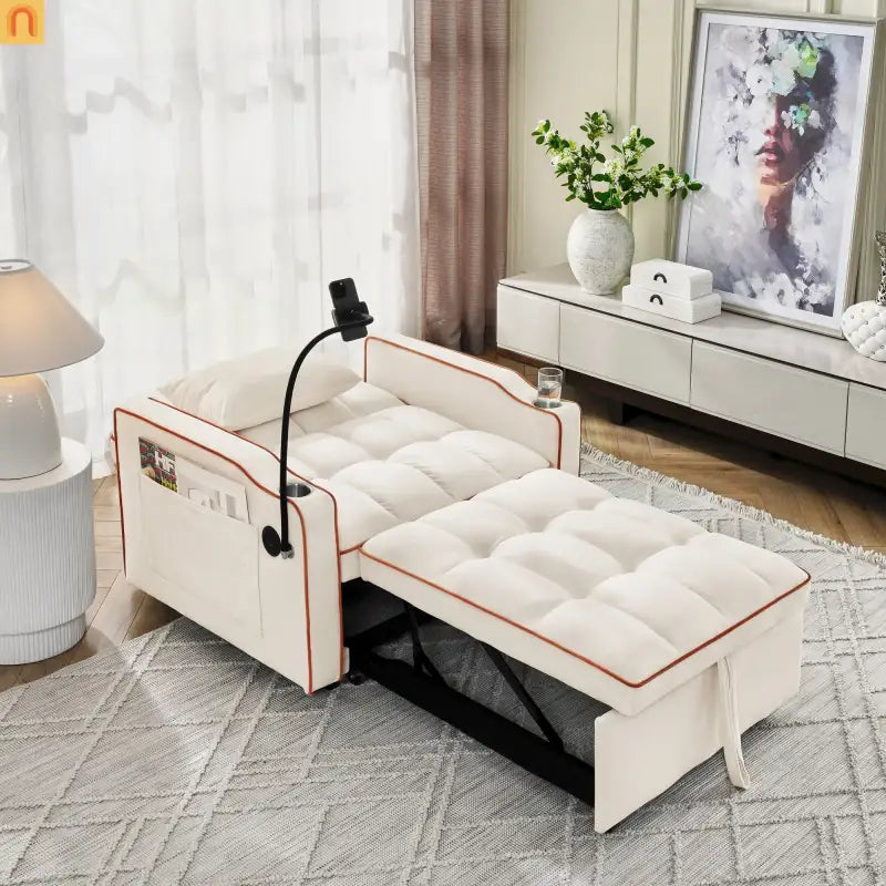 Sofa Chair Convertible Velvet Beige Pull-Out Bed USB Cup Holder