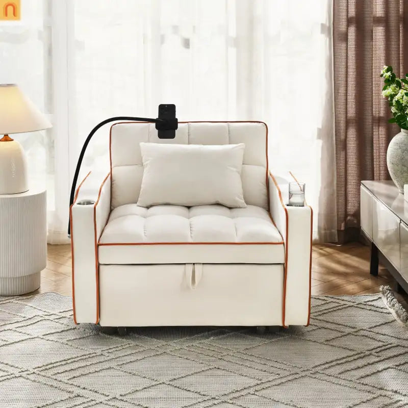 Sofa Chair Convertible Velvet Beige Pull-Out Bed USB Cup Holder