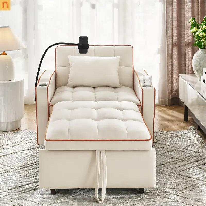 Sofa Chair Convertible Velvet Beige Pull-Out Bed USB Cup Holder
