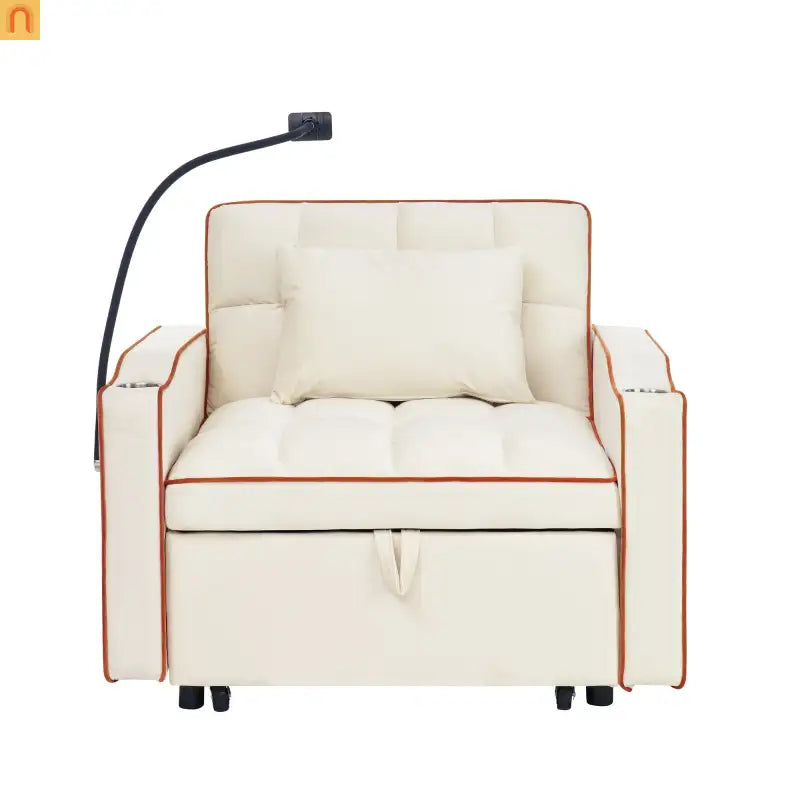 Sofa Chair Convertible Velvet Beige Pull-Out Bed USB Cup Holder
