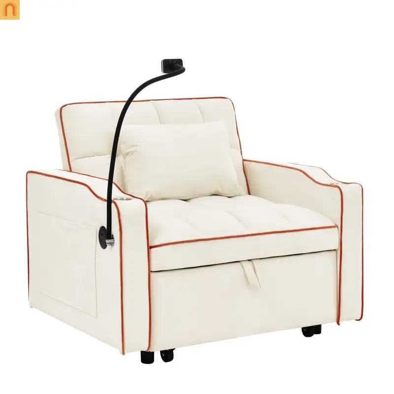 Sofa Chair Convertible Velvet Beige Pull-Out Bed USB Cup Holder