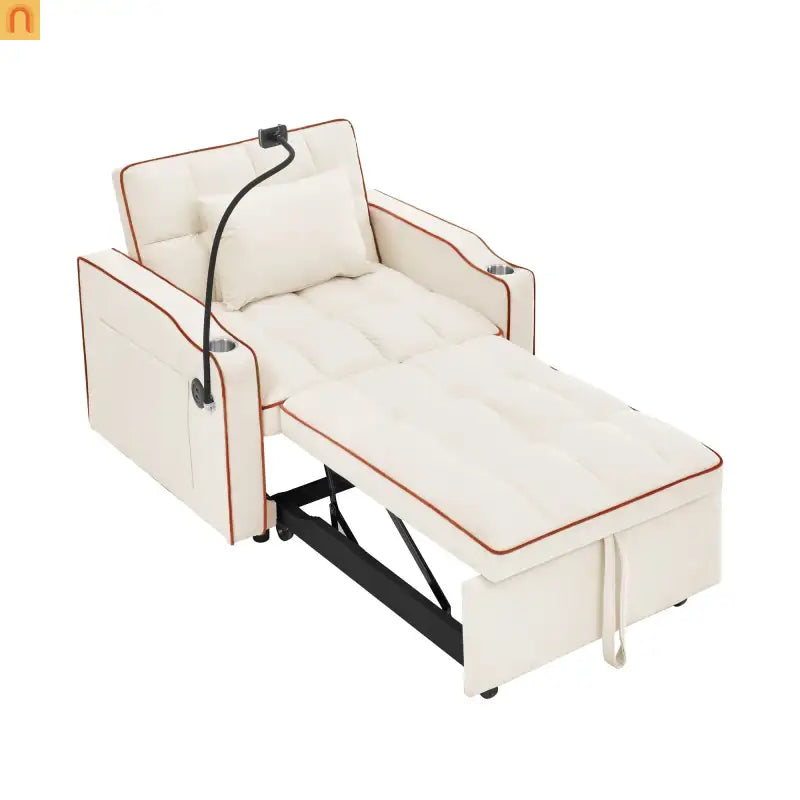 Sofa Chair Convertible Velvet Beige Pull-Out Bed USB Cup Holder