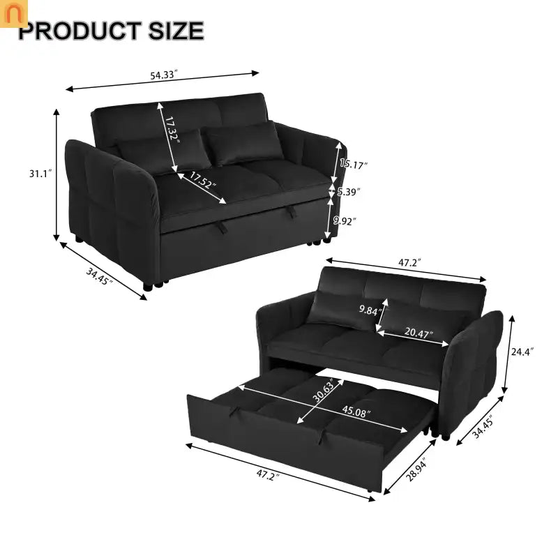 Sofa Bed Velvet Black 3-in-1 Convertible Recliner 500 lb 58in