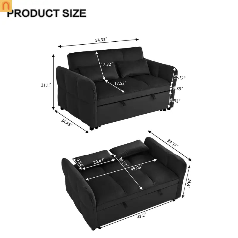 Sofa Bed Velvet Black 3-in-1 Convertible Recliner 500 lb 58in
