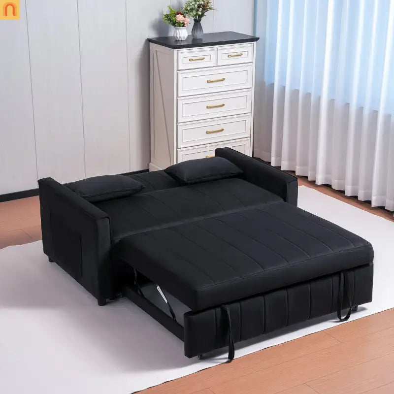 Velvet Black Pull-Out Sleeper Sofa 69in Side Pockets