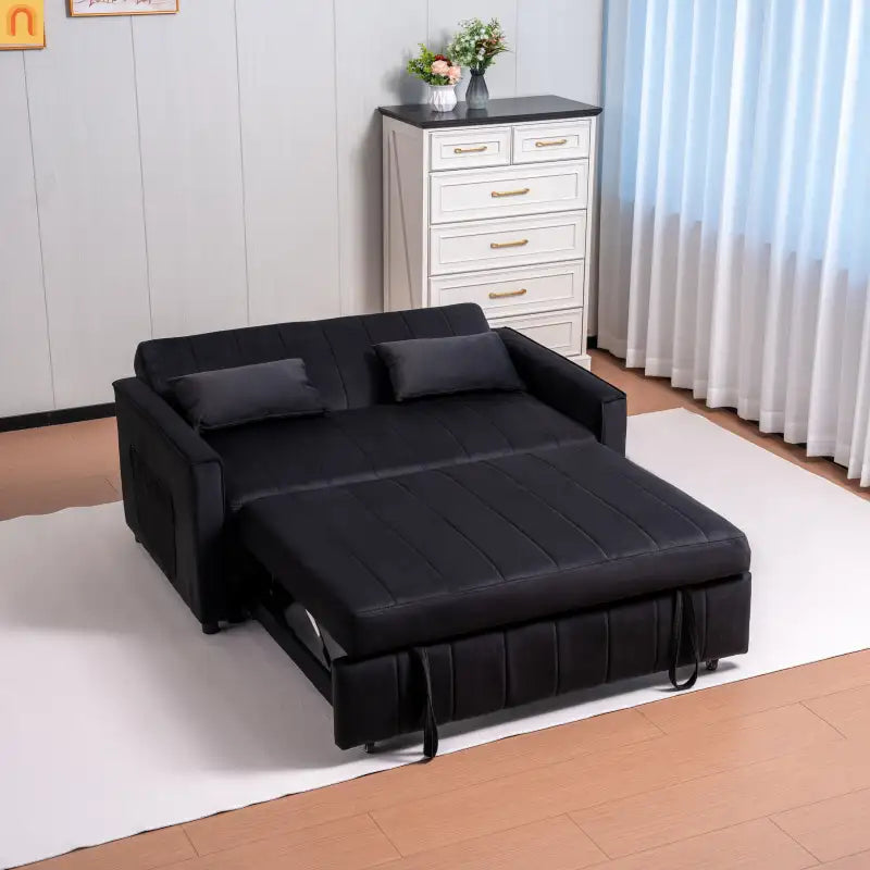 Velvet Black Pull-Out Sleeper Sofa 69in Side Pockets