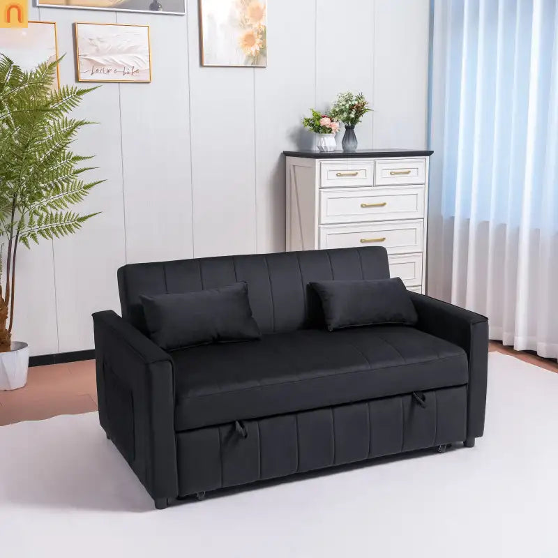 Velvet Black Pull-Out Sleeper Sofa 69in Side Pockets