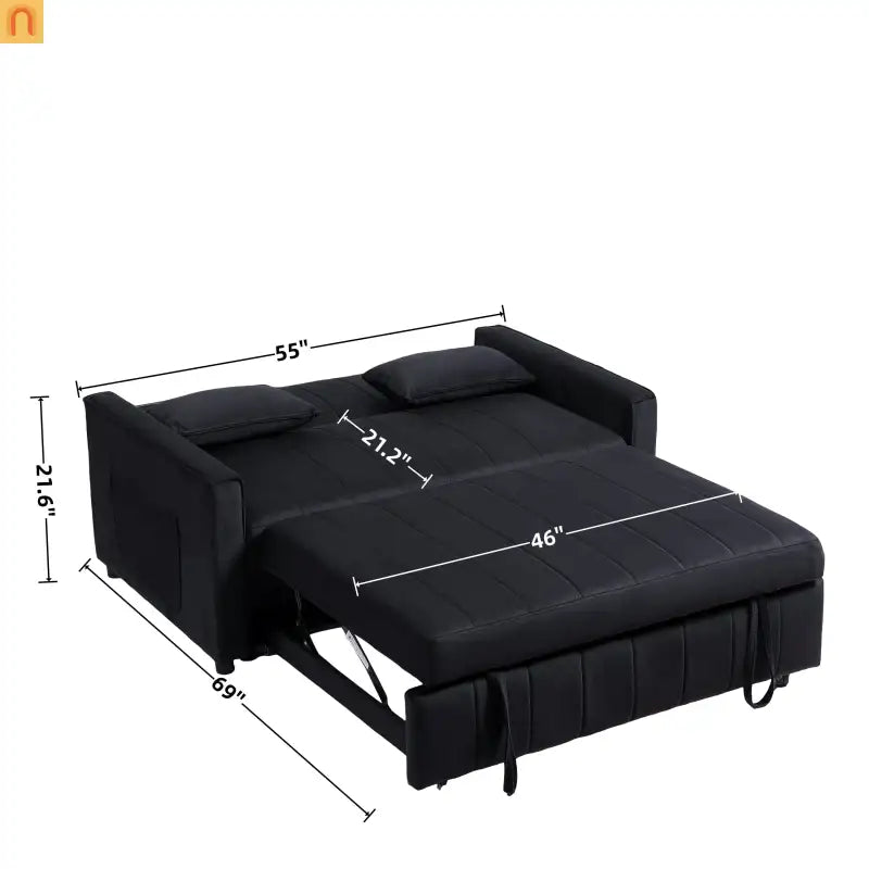Velvet Black Pull-Out Sleeper Sofa 69in Side Pockets