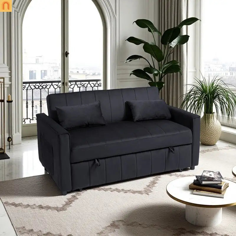 Velvet Black Pull-Out Sleeper Sofa 69in Side Pockets