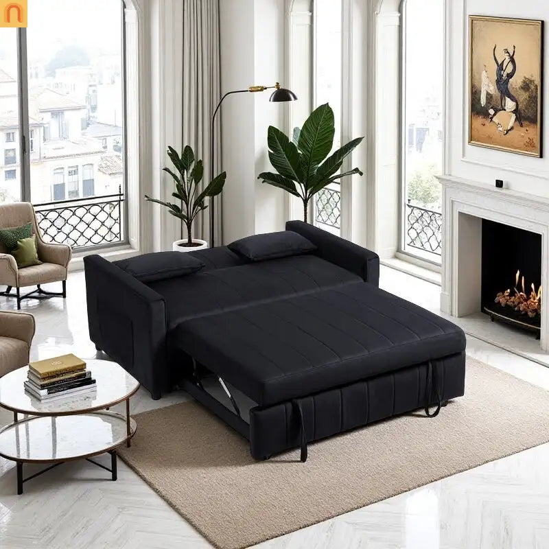 Velvet Black Pull-Out Sleeper Sofa 69in Side Pockets