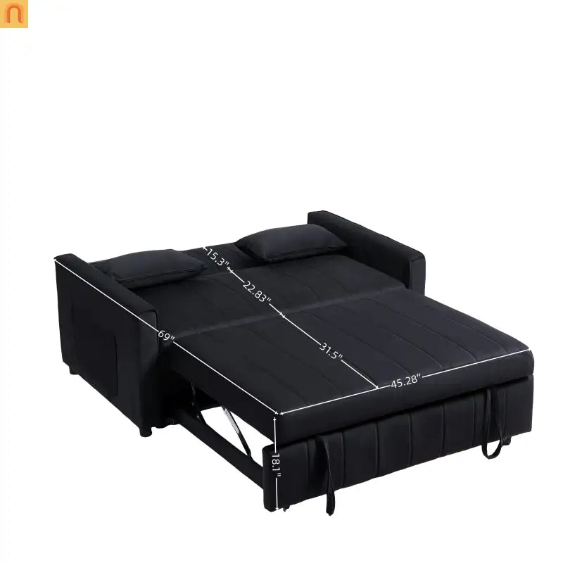 Velvet Black Pull-Out Sleeper Sofa 69in Side Pockets