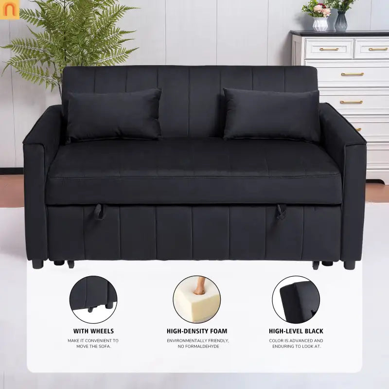 Velvet Black Pull-Out Sleeper Sofa 69in Side Pockets