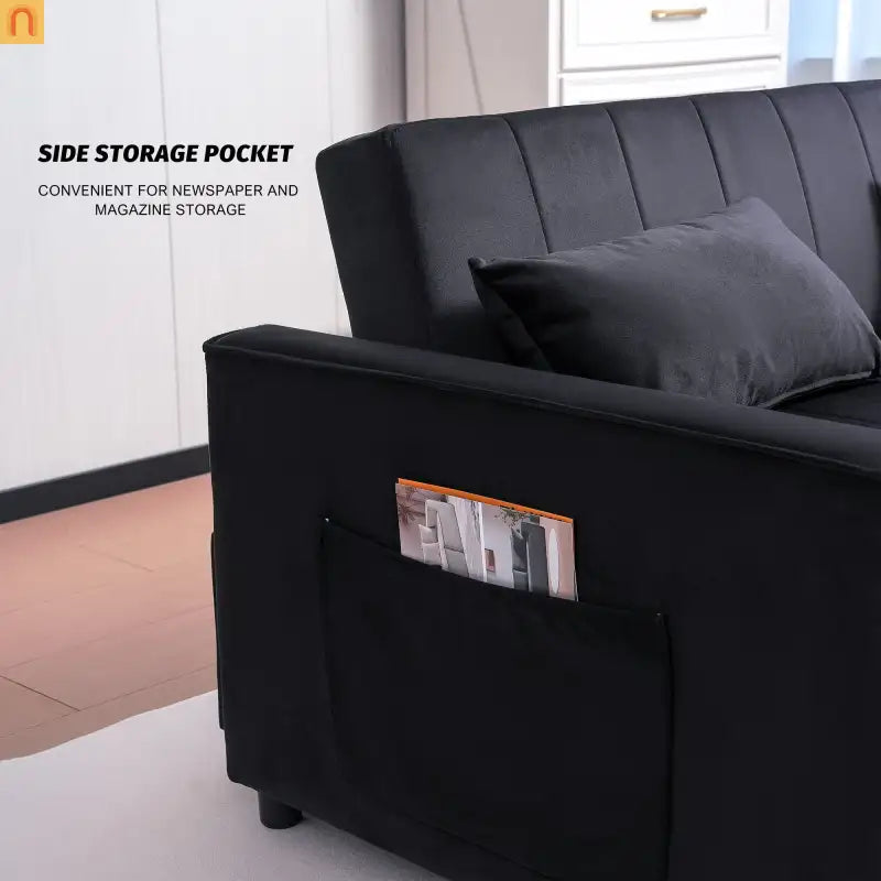 Velvet Black Pull-Out Sleeper Sofa 69in Side Pockets