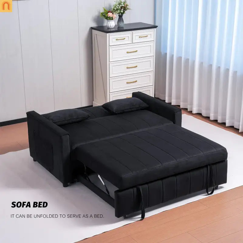 Velvet Black Pull-Out Sleeper Sofa 69in Side Pockets
