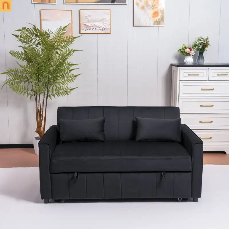 Velvet Black Pull-Out Sleeper Sofa 69in Side Pockets