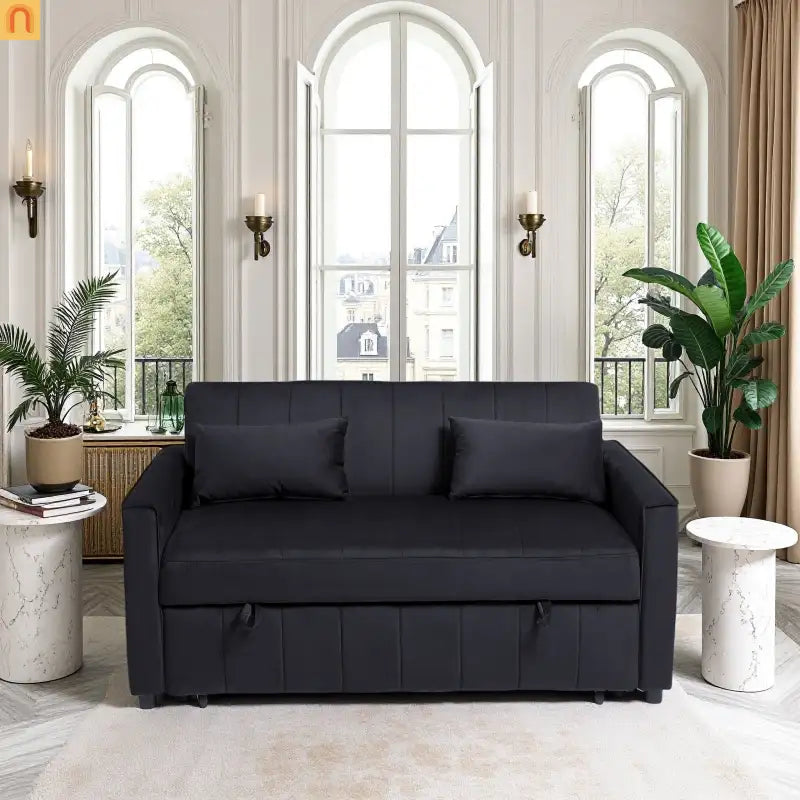Velvet Black Pull-Out Sleeper Sofa 69in Side Pockets