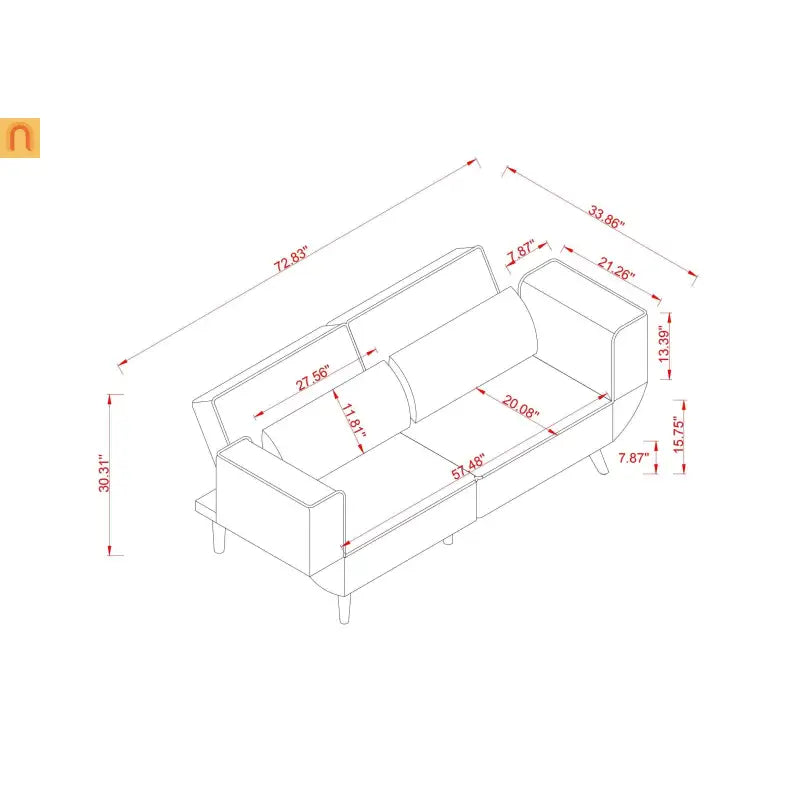 Sofa Convertible Velvet Gray 3-Seat Splitback 600 lb 72in