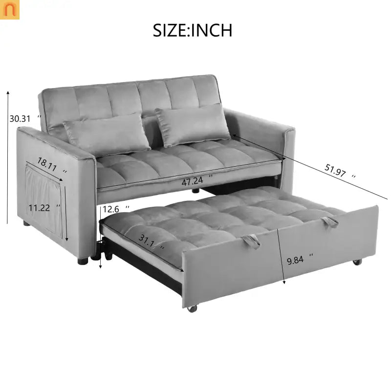 Sofa Convertible Velvet Light Gray Pull-Out Sleeper 57in Storage